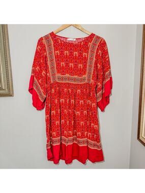 R.Vivimos Red Paisley Floral Cotton Blend Kimono Sleeve Mini Dress Small